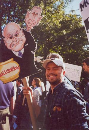 Our vice-president's shady deals with Halliburton, displayed in a banner